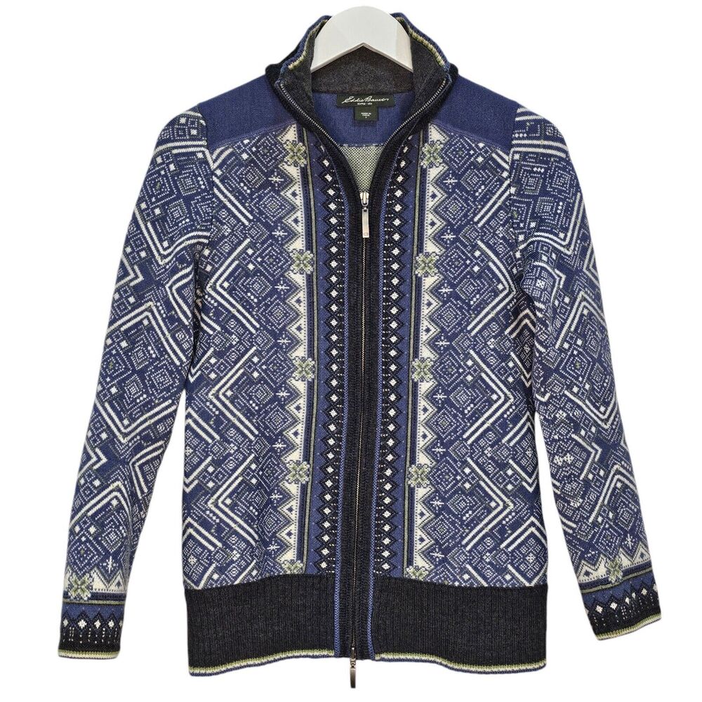 Eddie Bauer 100% Merino Wool Zip Front Nordic Fair Isle Cabin Core Women's Small
